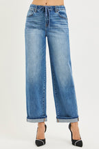 RISEN Jeans Boyfriend Drawstring Waist Casual Cuffed Hem Denim Pants