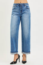 RISEN Jeans Boyfriend Drawstring Waist Casual Cuffed Hem Denim Pants