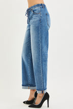 RISEN Jeans Boyfriend Drawstring Waist Casual Cuffed Hem Denim Pants