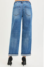 RISEN Jeans Boyfriend Drawstring Waist Casual Cuffed Hem Denim Pants