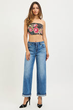 RISEN Jeans Boyfriend Drawstring Waist Casual Cuffed Hem Denim Pants
