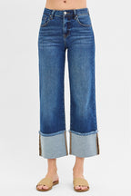 RISEN Jeans Legere Cropped Jeans mit weitem Bündchen mittelhoher Bund Dunkelblauer Denim