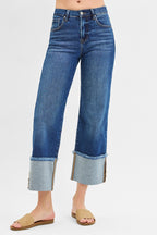 RISEN Jeans Legere Cropped Jeans mit weitem Bündchen mittelhoher Bund Dunkelblauer Denim