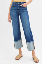 RISEN Jeans Legere Cropped Jeans mit weitem Bündchen mittelhoher Bund Dunkelblauer Denim