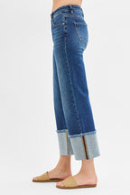 RISEN Jeans Legere Cropped Jeans mit weitem Bündchen mittelhoher Bund Dunkelblauer Denim