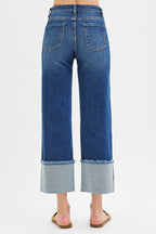 RISEN Jeans Legere Cropped Jeans mit weitem Bündchen mittelhoher Bund Dunkelblauer Denim