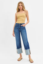 RISEN Jeans Legere Cropped Jeans mit weitem Bündchen mittelhoher Bund Dunkelblauer Denim