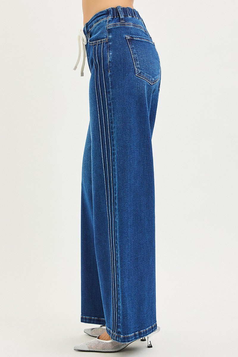 RISEN Wide Leg Jeans Drawstring Mid Rise Dark Wash Denim Casual Trousers