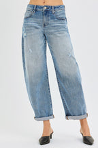 RISEN Τζιν Παντελόνι Barrel Fit Casual με Μανσέτες στον Αστράγαλο, Μεσαίας Απόχρωσης Τζιν