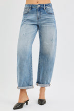 RISEN Τζιν Παντελόνι Barrel Fit Casual με Μανσέτες στον Αστράγαλο, Μεσαίας Απόχρωσης Τζιν