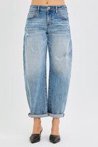 RISEN Τζιν Παντελόνι Barrel Fit Casual με Μανσέτες στον Αστράγαλο, Μεσαίας Απόχρωσης Τζιν