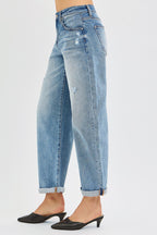 RISEN Τζιν Παντελόνι Barrel Fit Casual με Μανσέτες στον Αστράγαλο, Μεσαίας Απόχρωσης Τζιν