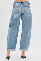 RISEN Τζιν Παντελόνι Barrel Fit Casual με Μανσέτες στον Αστράγαλο, Μεσαίας Απόχρωσης Τζιν