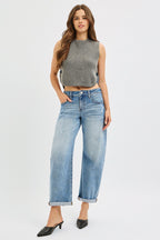 RISEN Τζιν Παντελόνι Barrel Fit Casual με Μανσέτες στον Αστράγαλο, Μεσαίας Απόχρωσης Τζιν