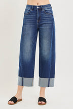 RISEN Crop Jeans Slouchy Barrel Cuffed Casual High Rise Plus Sizes Dark Wash