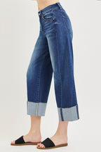 RISEN Crop Jeans Slouchy Barrel Cuffed Casual High Rise Plus Sizes Dark Wash