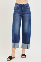 RISEN Crop Jeans Slouchy Barrel Cuffed Casual High Rise Plus Sizes Dark Wash
