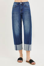 RISEN Crop Jeans Slouchy Barrel Cuffed Casual High Rise Plus Sizes Dark Wash