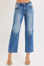 RISEN Crop Jeans Boyfriend High Rise Tapered Dark Wash Blue Denim Pants