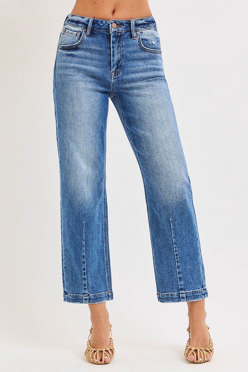 RISEN Crop Jeans Boyfriend High Rise Tapered Dark Wash Blue Denim Pants