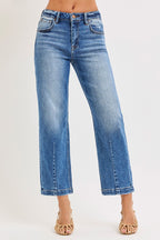 RISEN Crop Jeans Boyfriend High Rise Tapered Dark Wash Blue Denim Pants