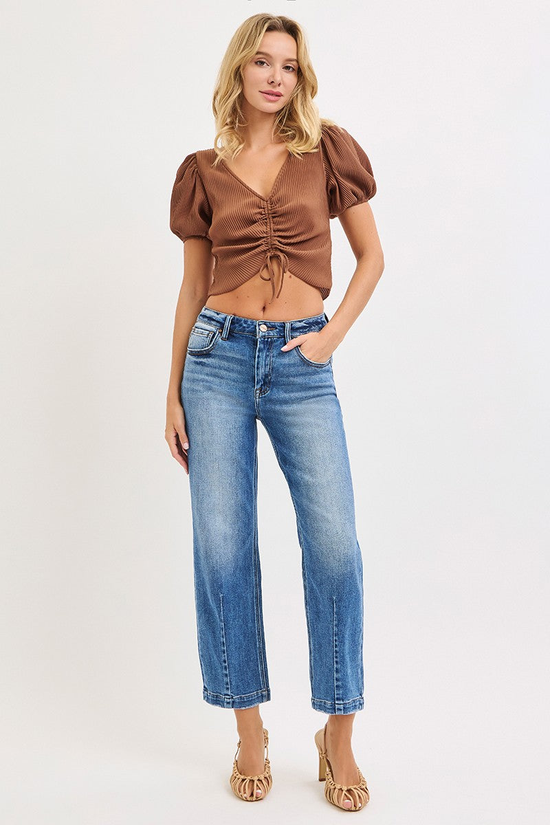 RISEN Crop Jeans Boyfriend High Rise Tapered Dark Wash Blue Denim Pants
