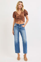 RISEN Crop Jeans Boyfriend High Rise Tapered Dark Wash Blue Denim Pants