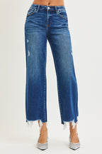 RISEN Jeans Τζιν Παντελόνι Crop Ευθύ Πόδι Ψηλόμεσο Ξεφτισμένο με Ξεφτισμένο Τελείωμα Σκούρο Ντένιμ