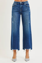 RISEN Jeans Τζιν Παντελόνι Crop Ευθύ Πόδι Ψηλόμεσο Ξεφτισμένο με Ξεφτισμένο Τελείωμα Σκούρο Ντένιμ
