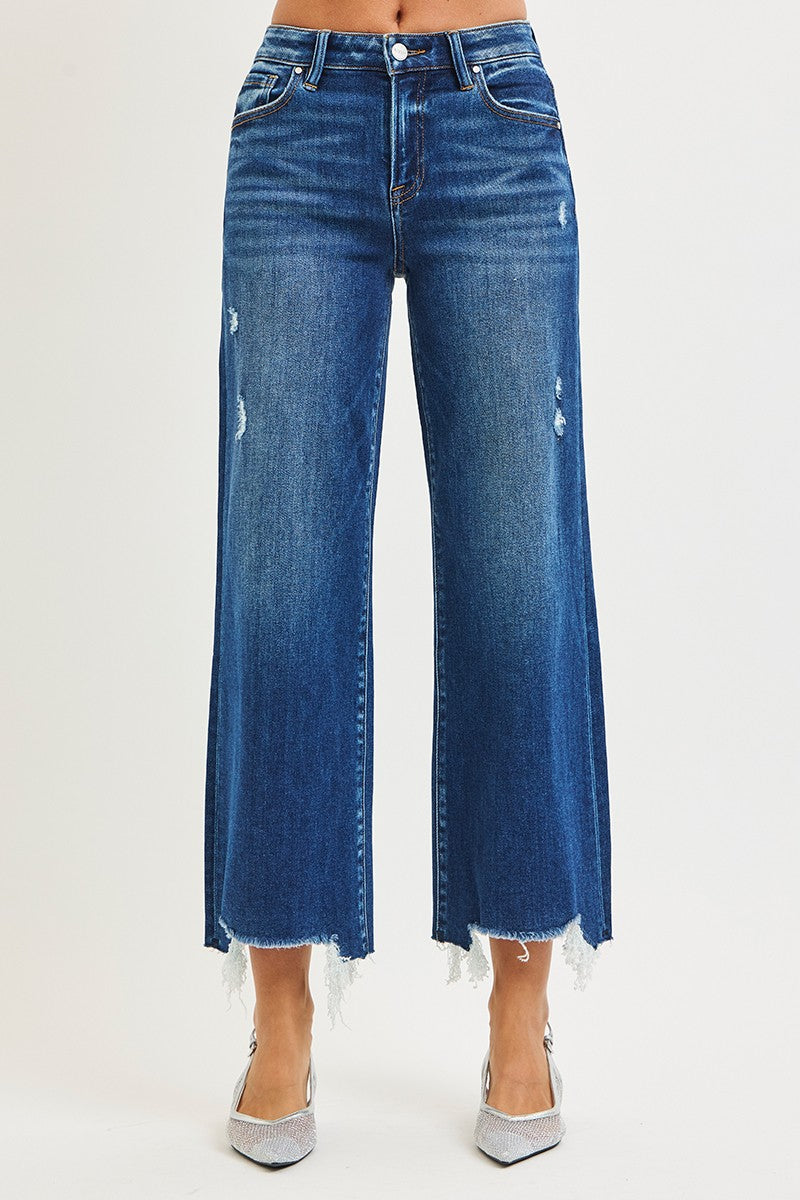 RISEN Jeans Crop Wide Leg High Rise Distressed Raw Hem Dark Denim Pants