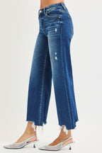 RISEN Jeans Τζιν Παντελόνι Crop Ευθύ Πόδι Ψηλόμεσο Ξεφτισμένο με Ξεφτισμένο Τελείωμα Σκούρο Ντένιμ