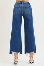 RISEN Jeans Τζιν Παντελόνι Crop Ευθύ Πόδι Ψηλόμεσο Ξεφτισμένο με Ξεφτισμένο Τελείωμα Σκούρο Ντένιμ