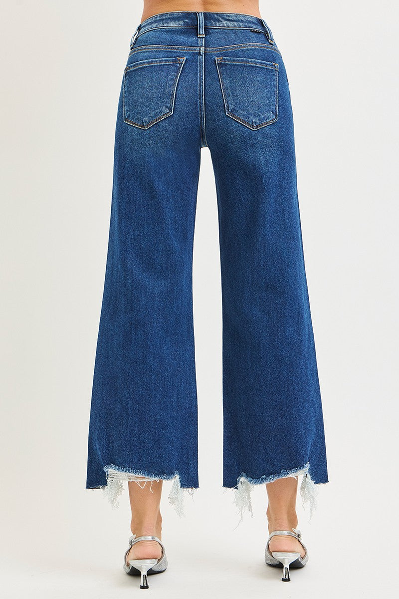 RISEN Jeans Crop Wide Leg High Rise Distressed Raw Hem Dark Denim Pants