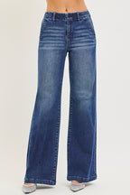 RISEN Wide Leg Jeans Casual High Rise Slash Pockets Dark Blue Denim Pants