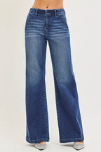 RISEN Wide Leg Jeans Casual High Rise Slash Pockets Dark Blue Denim Pants
