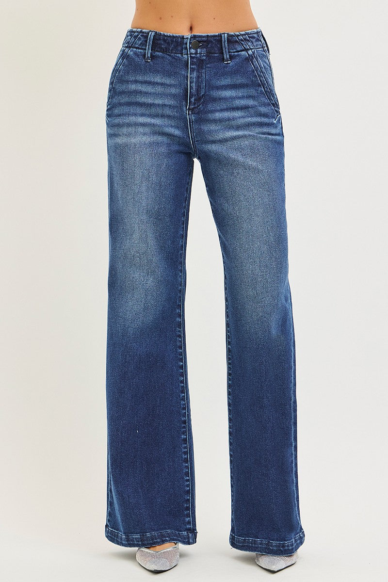 RISEN Wide Leg Jeans Casual High Rise Slash Pockets Dark Blue Denim Pants
