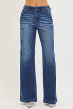 RISEN Wide Leg Jeans Casual High Rise Slash Pockets Dark Blue Denim Pants