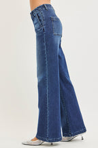 RISEN Wide Leg Jeans Casual High Rise Slash Pockets Dark Blue Denim Pants