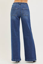 RISEN Wide Leg Jeans Casual High Rise Slash Pockets Dark Blue Denim Pants