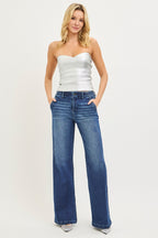 RISEN Wide Leg Jeans Casual High Rise Slash Pockets Dark Blue Denim Pants
