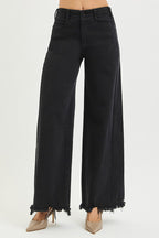 RISEN Black Jeans Wide Leg High Rise Raw Hem Tummy Control Casual Denim Pants