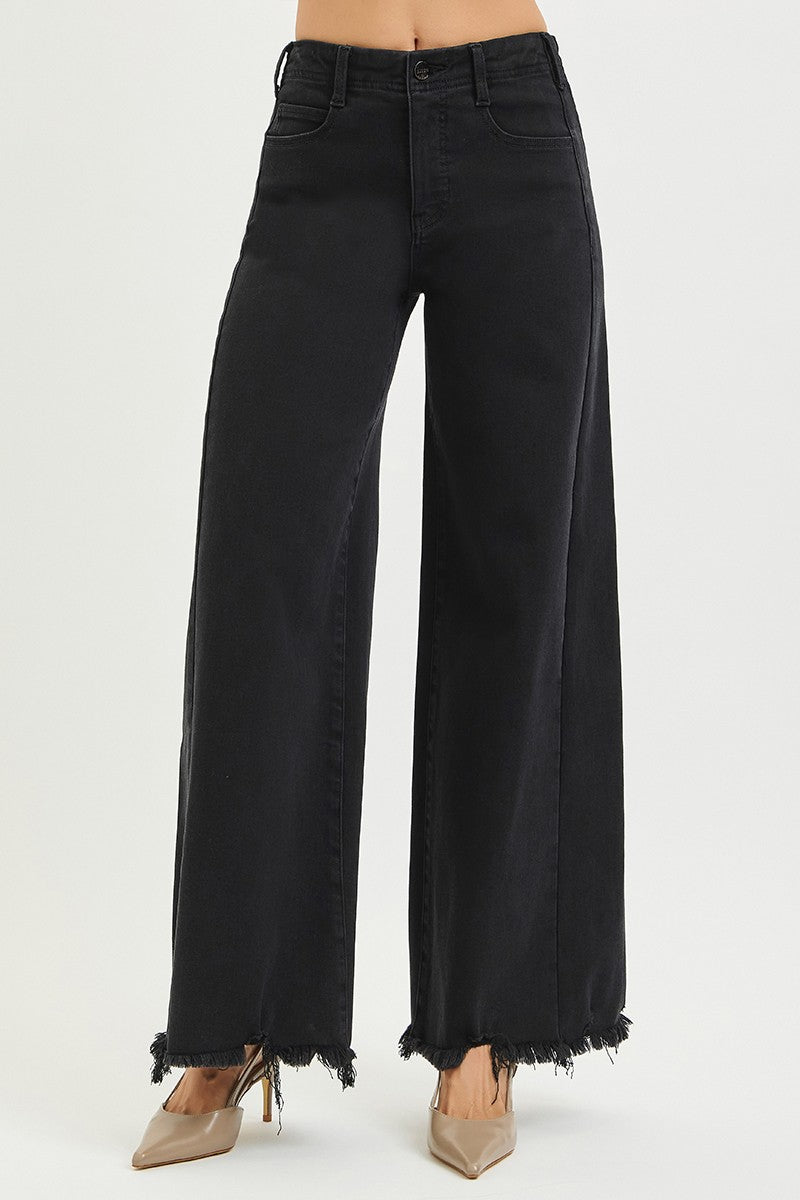 RISEN Black Jeans Wide Leg High Rise Raw Hem Tummy Control Casual Denim Pants