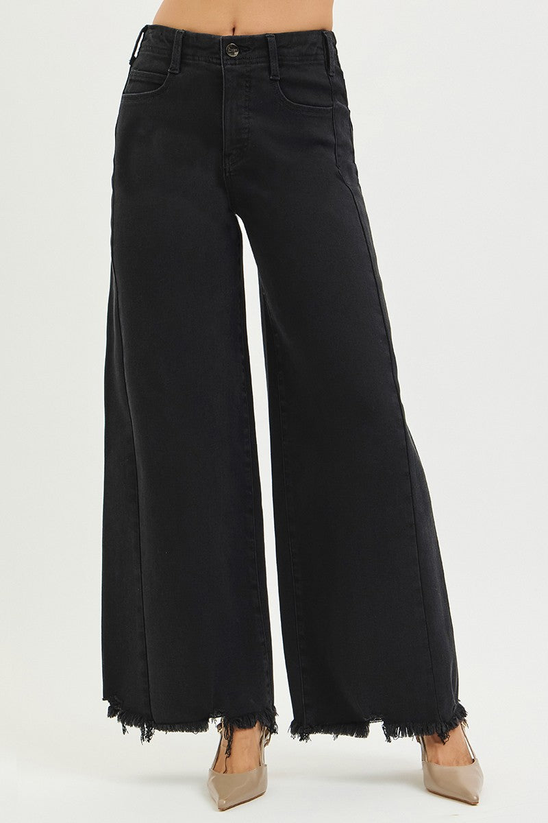 RISEN Black Jeans Wide Leg High Rise Raw Hem Tummy Control Casual Denim Pants