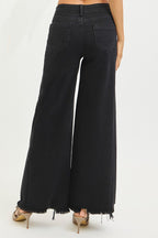 RISEN Black Jeans Wide Leg High Rise Raw Hem Tummy Control Casual Denim Pants