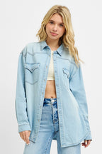 RISEN Denim Shirt Oversize Casual Light Blue Long Sleeve Lightweight Top