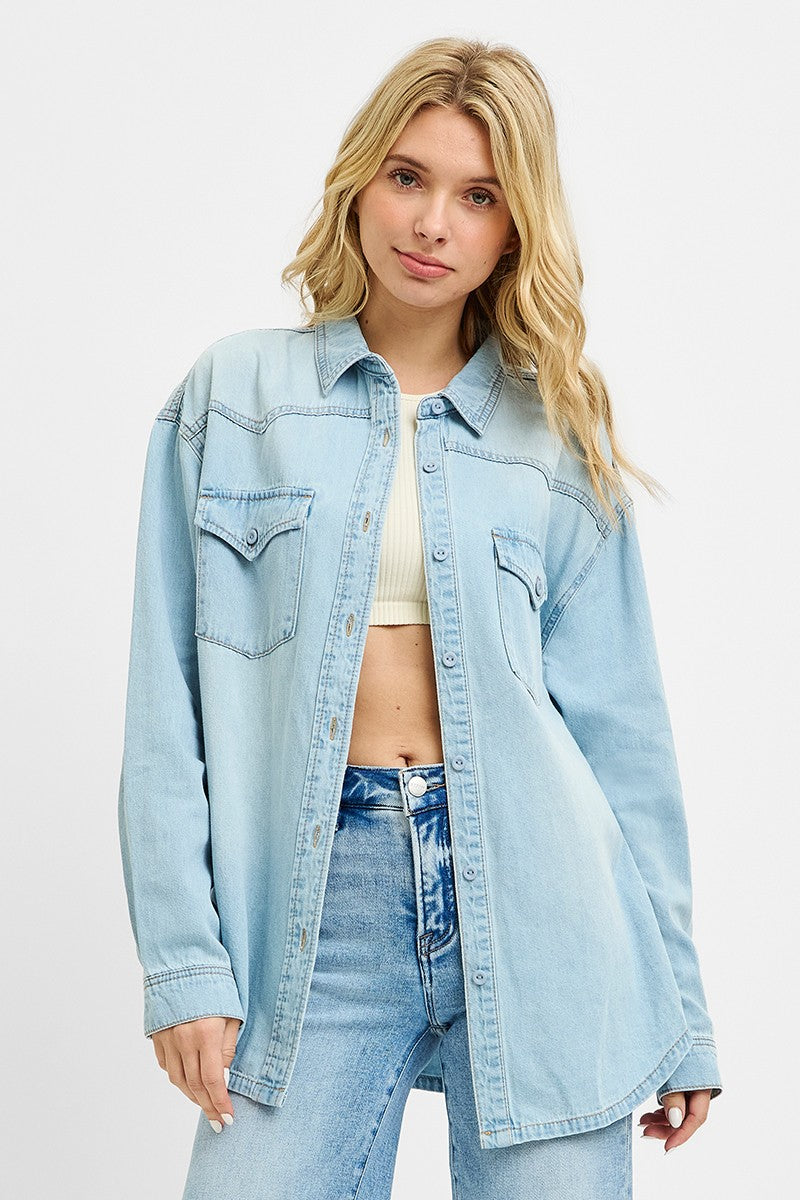 RISEN Denim Shirt Oversize Casual Light Blue Long Sleeve Lightweight Top