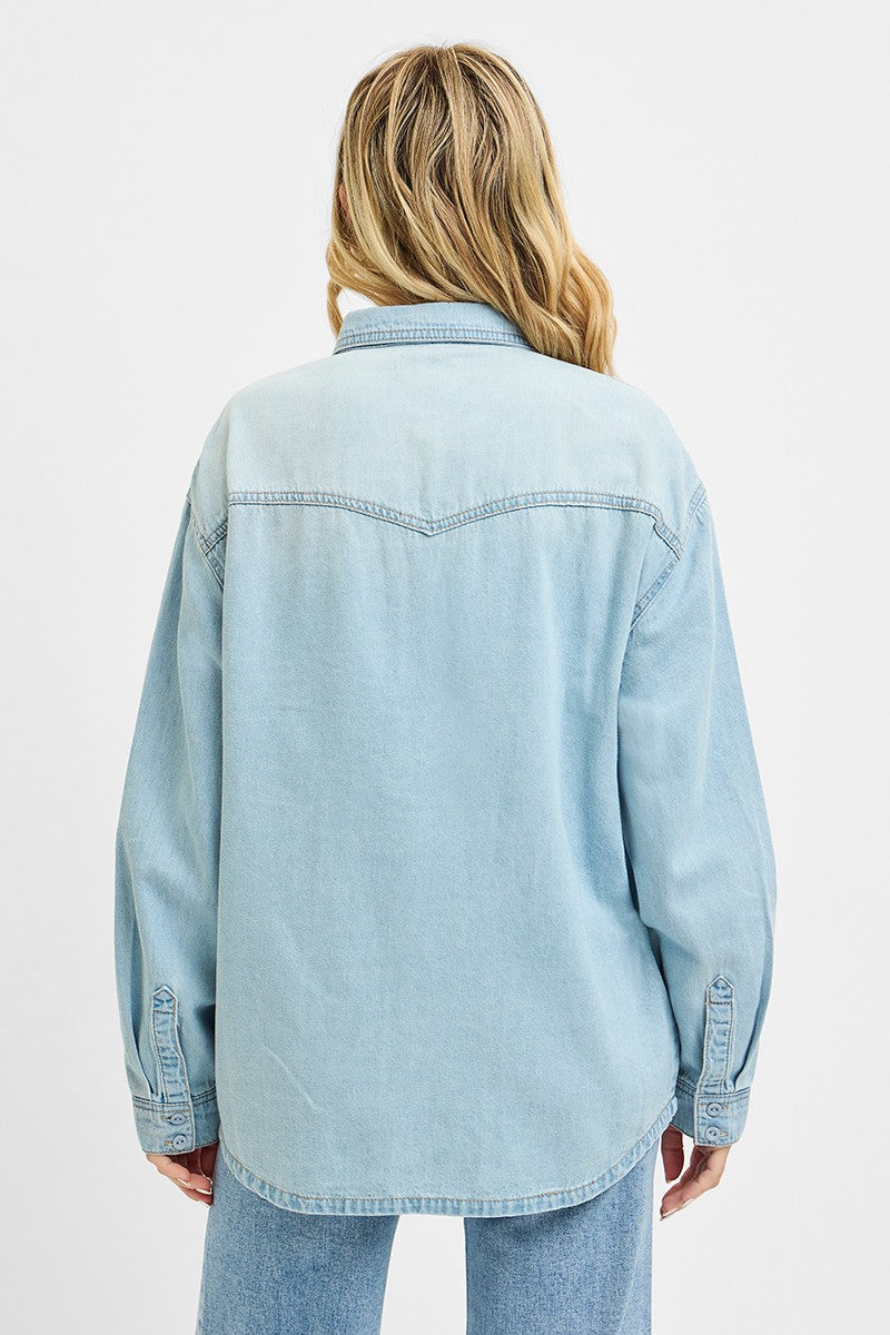 RISEN Denim Shirt Oversize Casual Light Blue Long Sleeve Lightweight Top