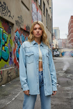 RISEN Denim Shirt Oversize Casual Light Blue Long Sleeve Lightweight Top