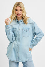 RISEN Denim Shirt Oversize Casual Light Blue Long Sleeve Lightweight Top