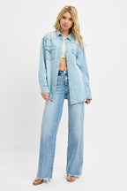 RISEN Denim Shirt Oversize Casual Light Blue Long Sleeve Lightweight Top